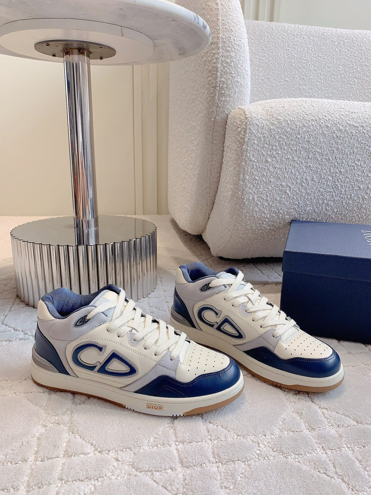 CD B57 Mid-Top Sneaker White Grey Mix Dark Blue Calfskin And Oblique Jacquard