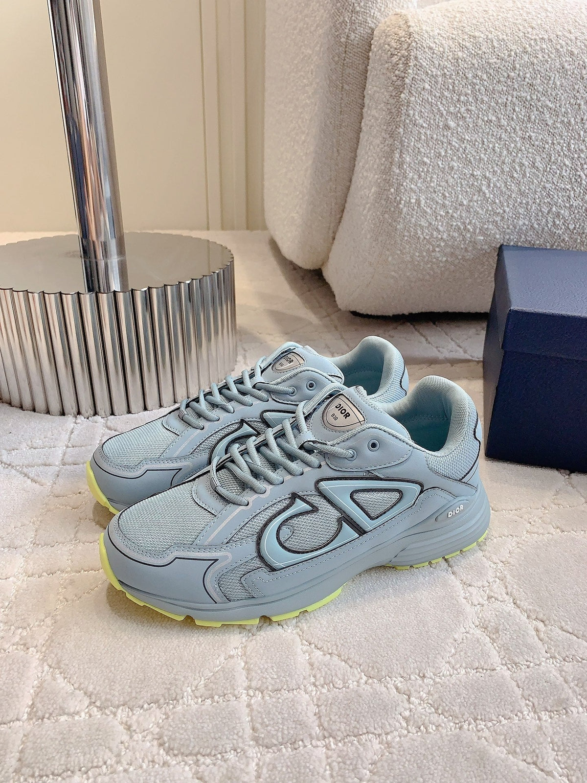 CD B30 Sneaker Grey Blue Mix Yellow Polyester Mesh Fabric And Calfskin
