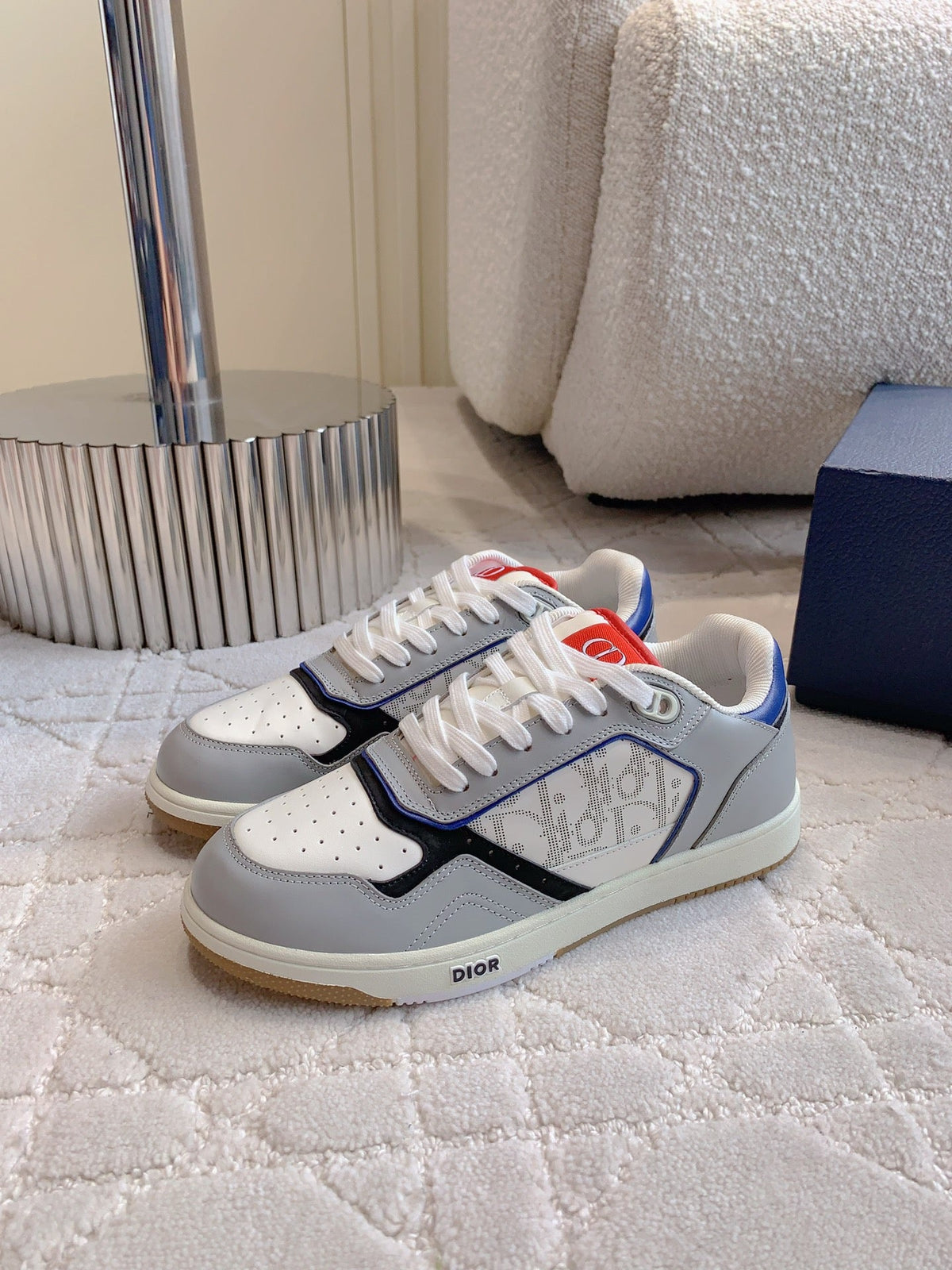 CD B27 Low-Top Sneaker Grey White Mix Blue Red Print Calfskin