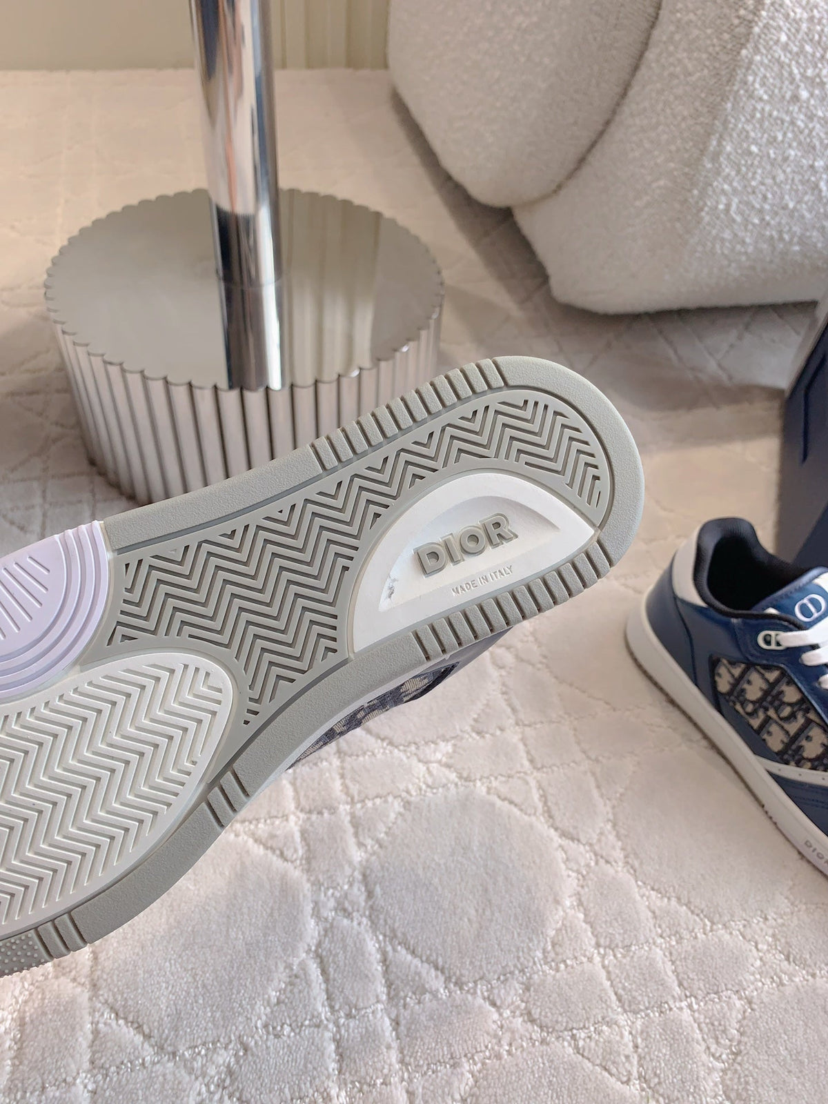 CD B27 Low-Top Sneaker White Blue Print Calfskin And Oblique Jacquard Fabric