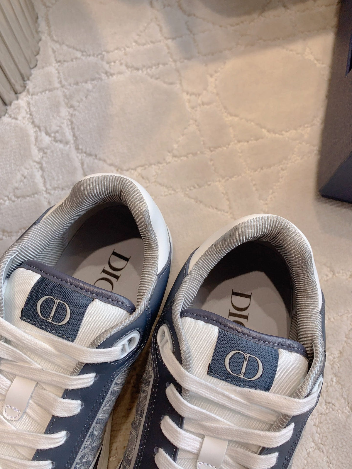 CD B27 Low-Top Sneaker White Charcoal Blue Print Calfskin And Oblique Jacquard Fabric