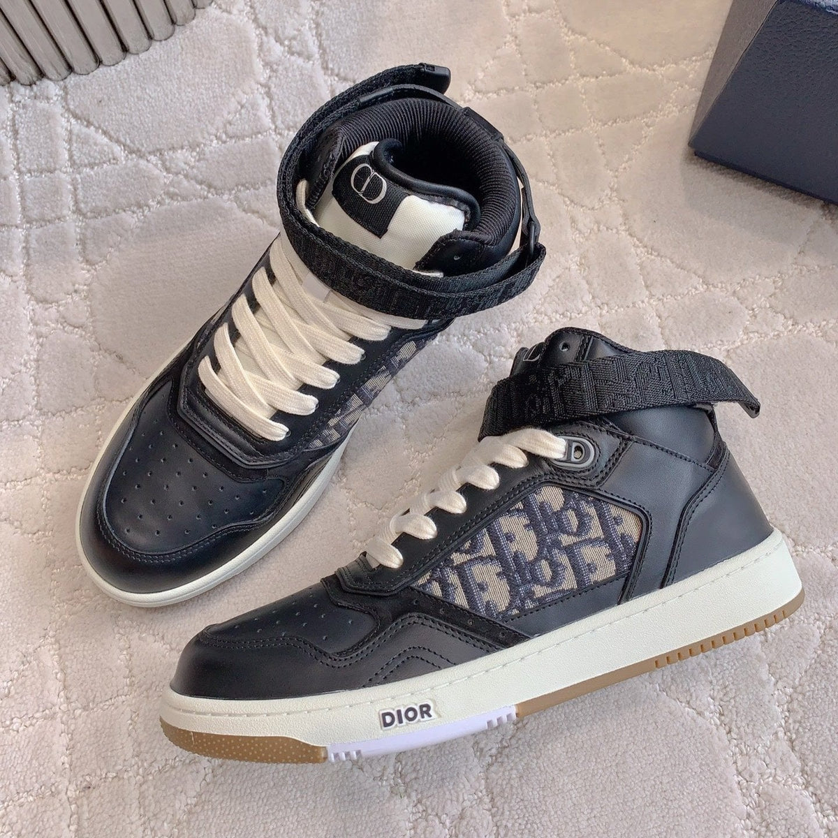 CD B27 High-Top Sneaker Black Charcoal Blue Print Calfskin And Oblique Jacquard Fabric