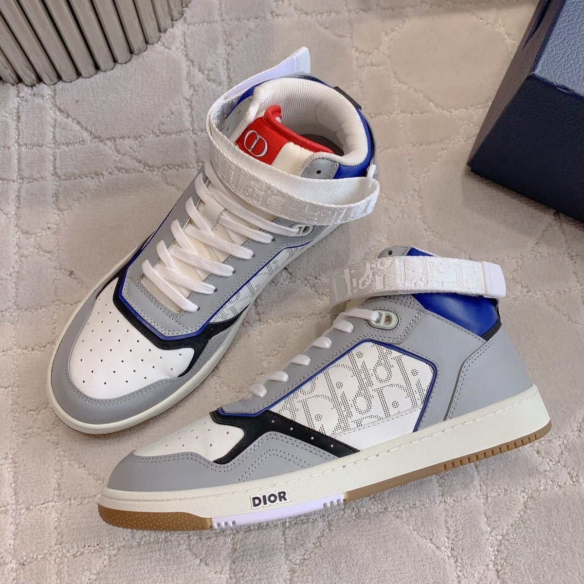 CD B27 High-Top Sneaker White Grey And Red Blue Print Calfskin