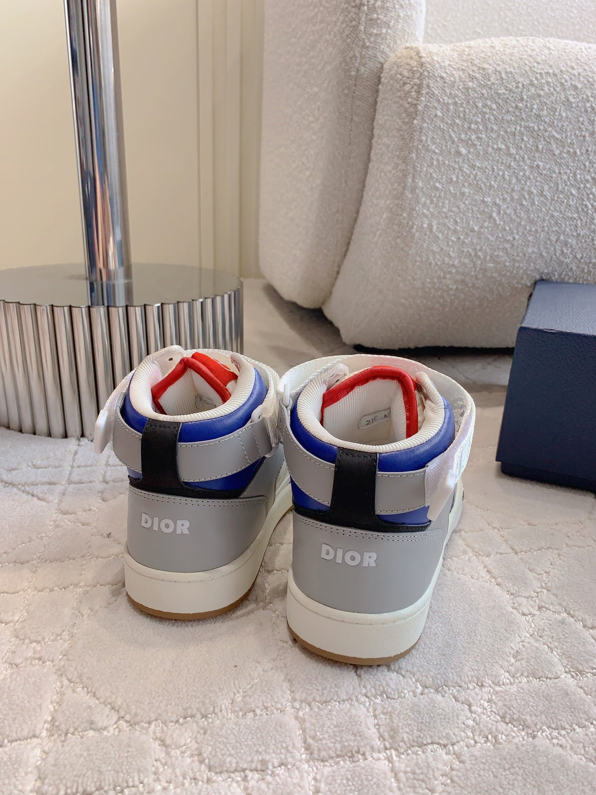 CD B27 High-Top Sneaker White Grey And Red Blue Print Calfskin