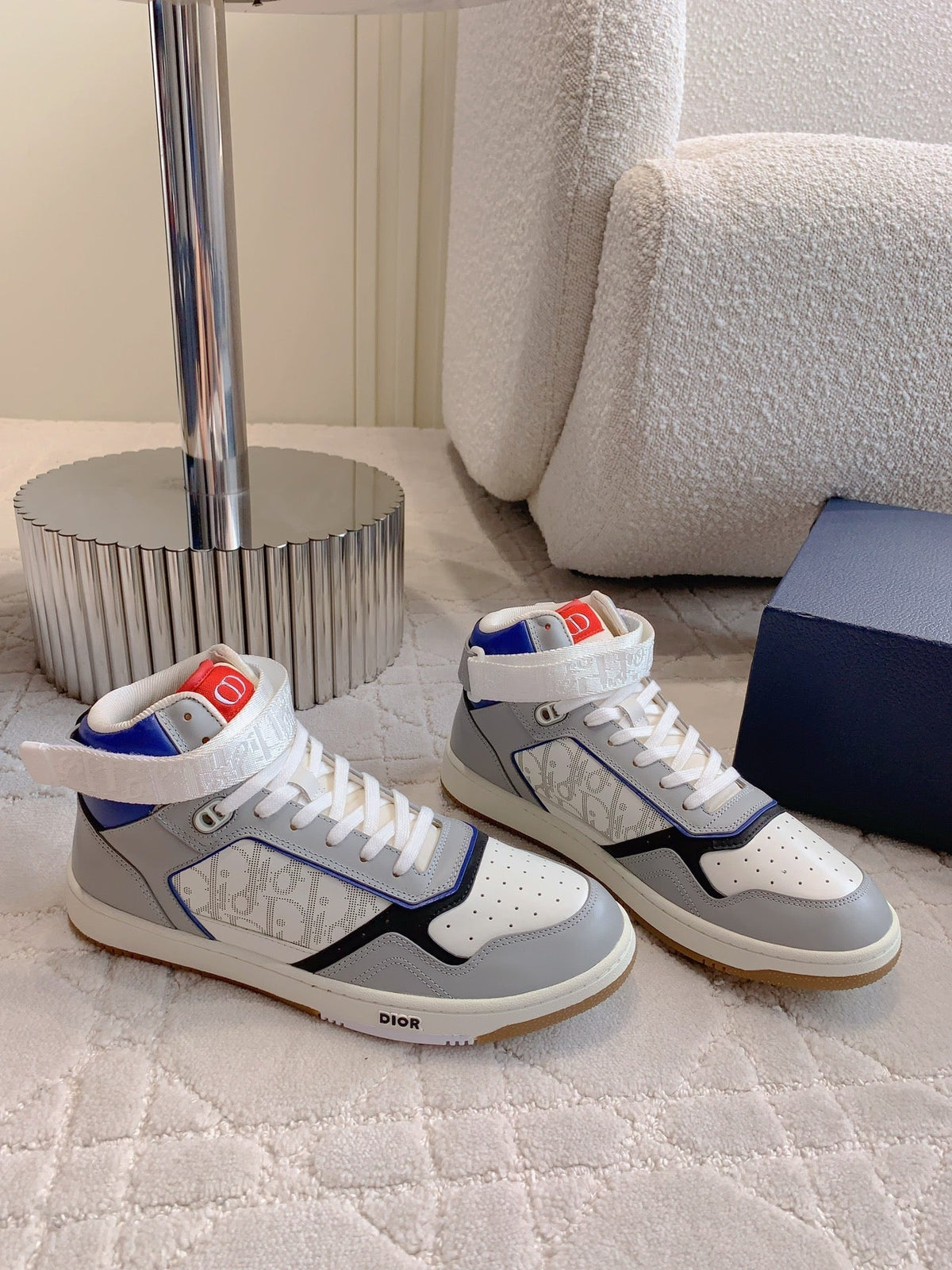 CD B27 High-Top Sneaker White Grey And Red Blue Print Calfskin