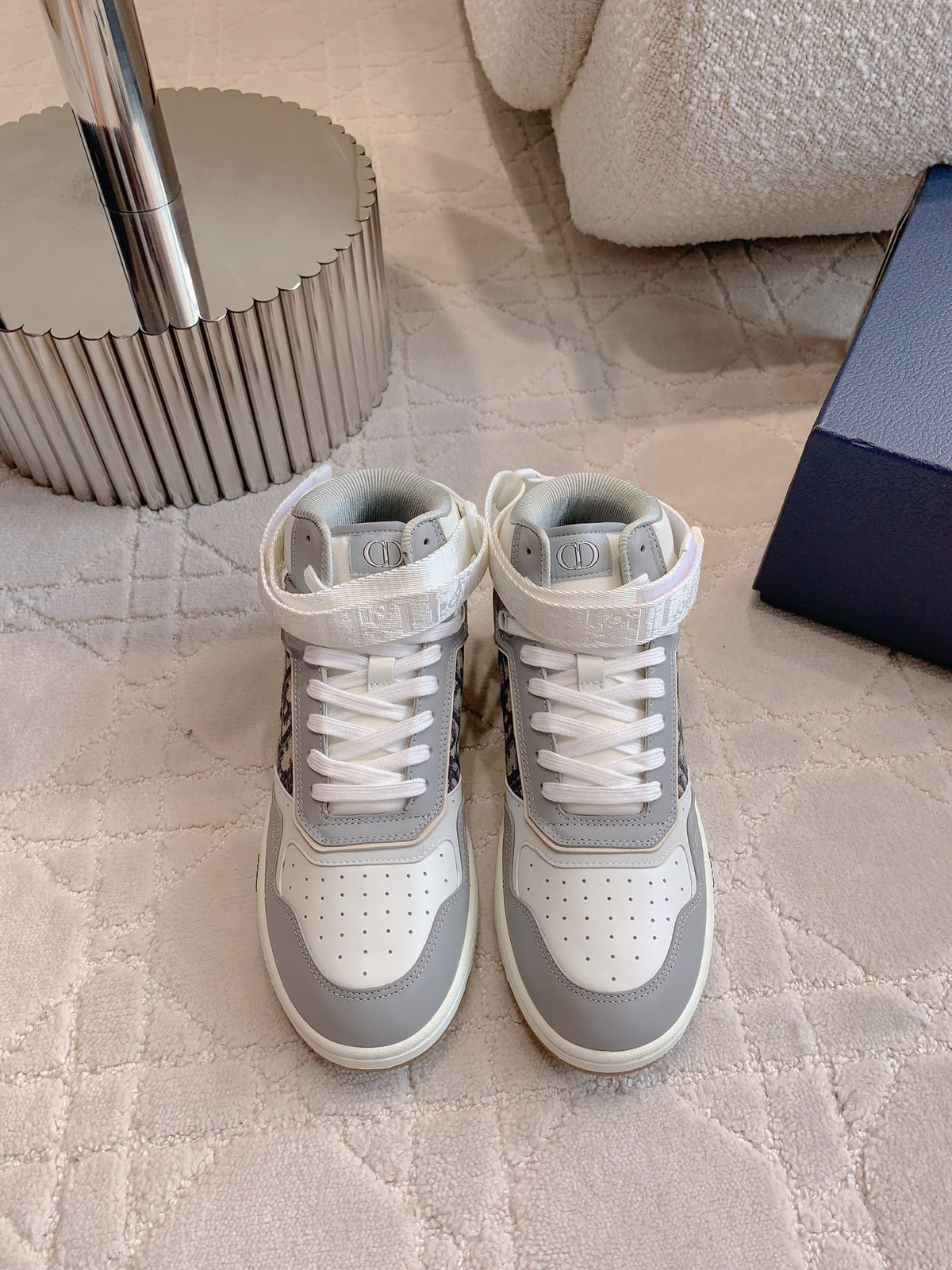 CD B27 High-Top Sneaker White Grey Print Calfskin And Oblique Jacquard Fabric