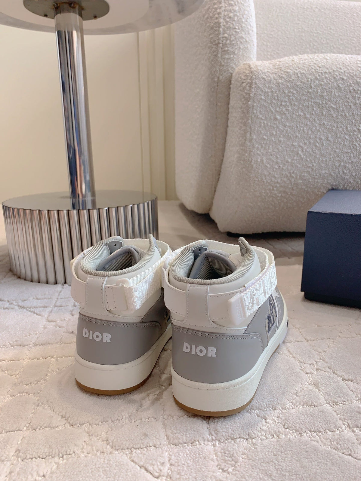CD B27 High-Top Sneaker White Grey Print Calfskin And Oblique Jacquard Fabric
