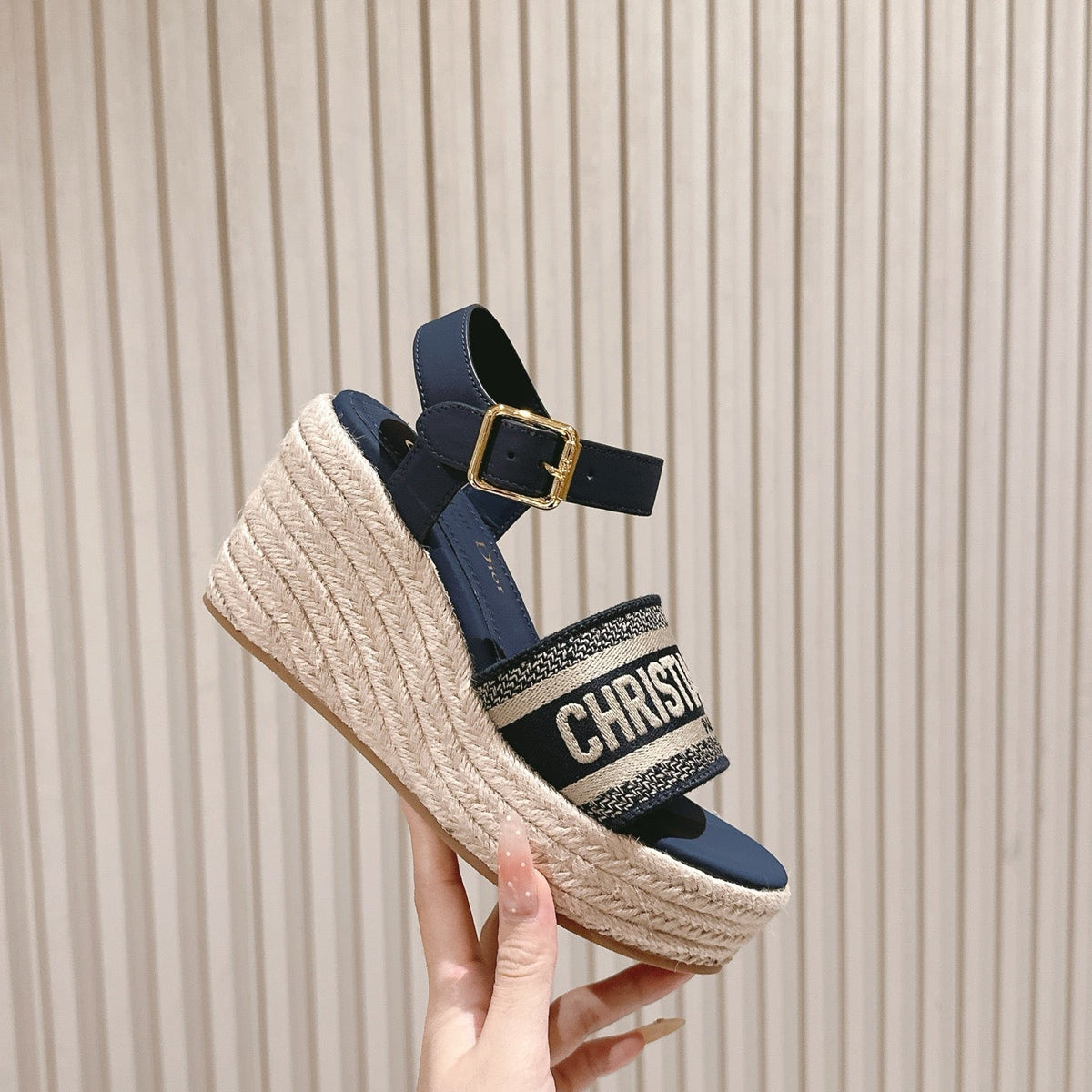 CD Dway Wedge Sandal 85mm Deep Blue Calfskin and Embroidered 483077