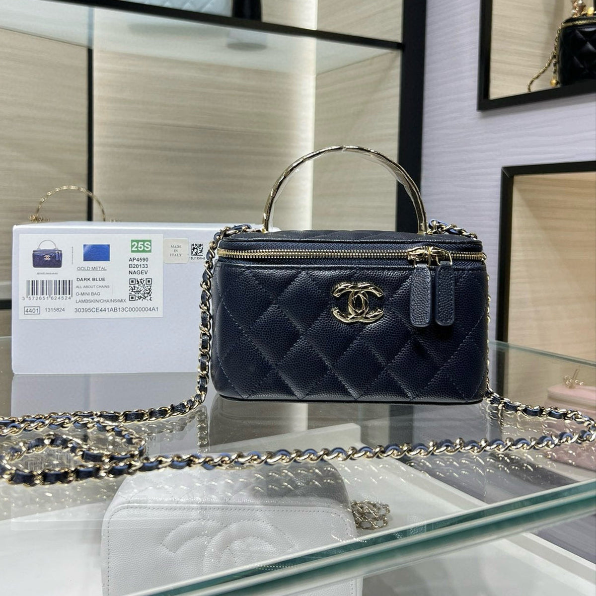 CC 25S Small Vanity 17cm Dark Blue Grained Calfskin Light Gold Hardware