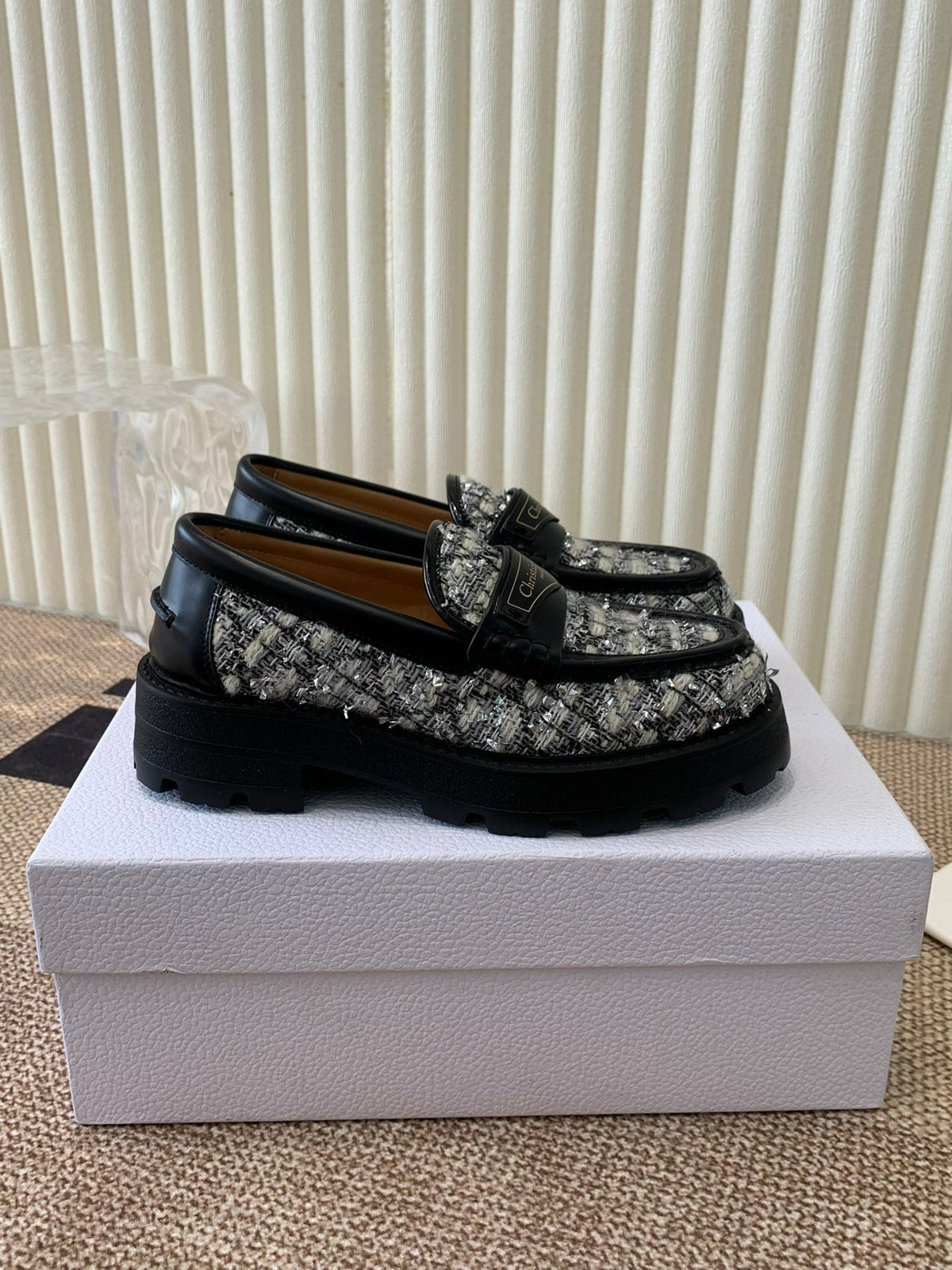 CD Boy Platform Loafer In Black Mix White Tweed Fabric And Cowhide 113485