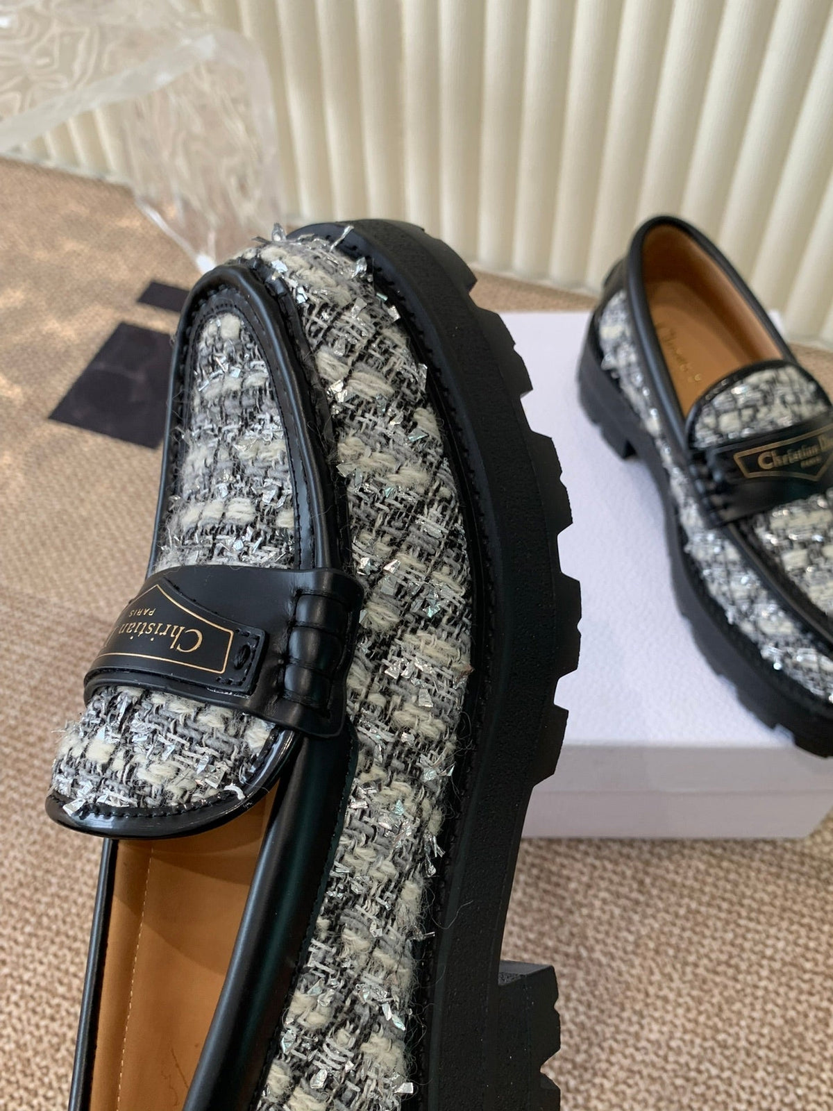CD Boy Platform Loafer In Black Mix White Tweed Fabric And Cowhide 113485