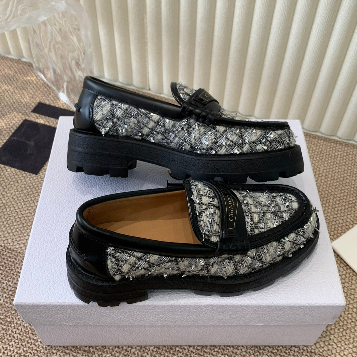 CD Boy Platform Loafer In Black Mix White Tweed Fabric And Cowhide 113485