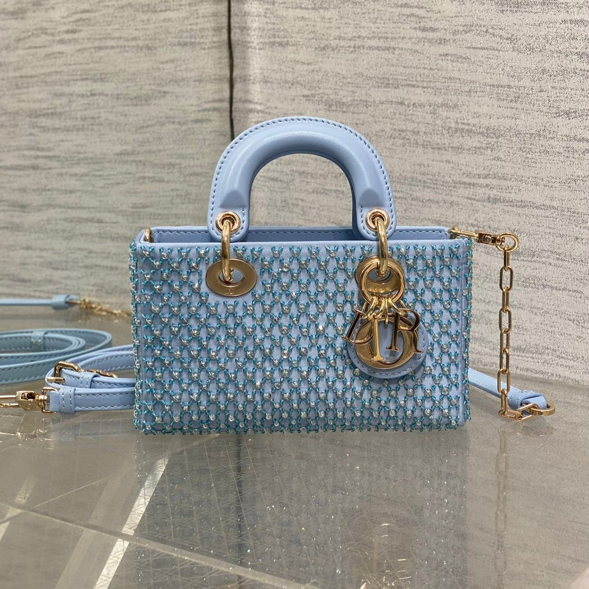SMALL 16 LADY D-JOY BAG IN POWDER BLUE CANNAGE LAMBSKIN WITH EMBROIDERED BEADWORK BEADWORK