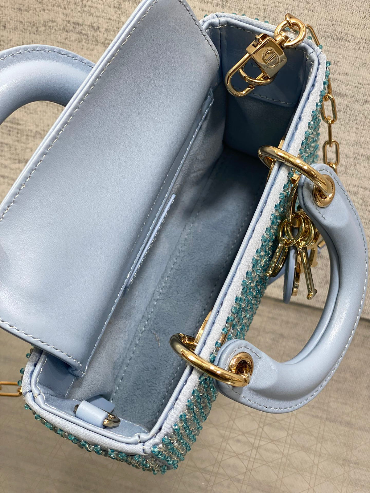 SMALL 16 LADY D-JOY BAG IN POWDER BLUE CANNAGE LAMBSKIN WITH EMBROIDERED BEADWORK BEADWORK
