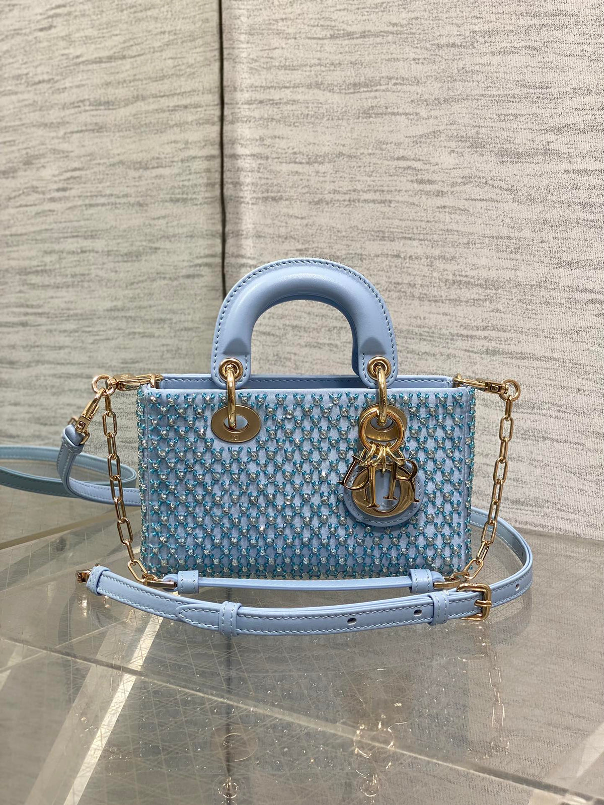 SMALL 16 LADY D-JOY BAG IN POWDER BLUE CANNAGE LAMBSKIN WITH EMBROIDERED BEADWORK BEADWORK