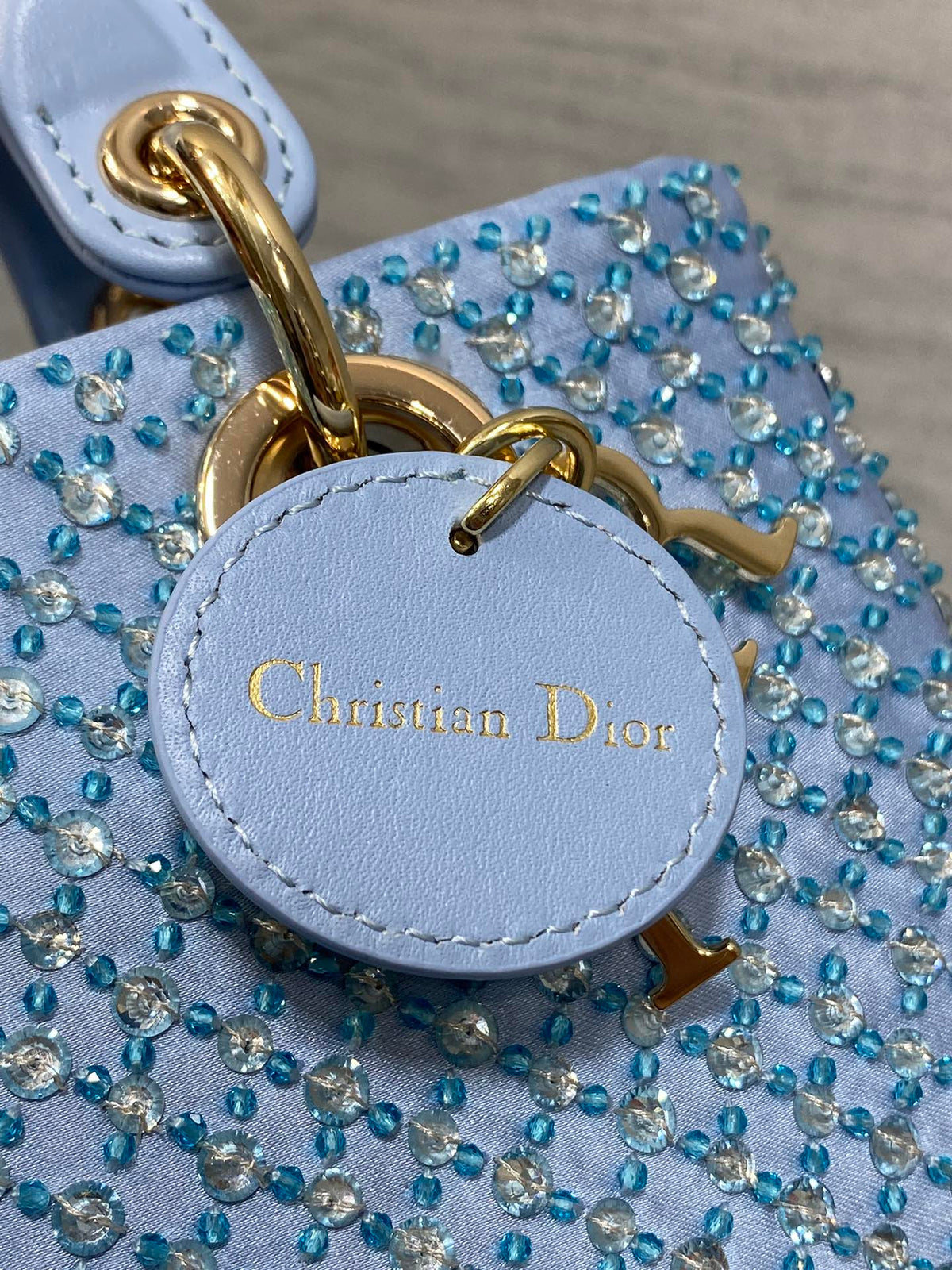 SMALL 16 LADY D-JOY BAG IN POWDER BLUE CANNAGE LAMBSKIN WITH EMBROIDERED BEADWORK BEADWORK