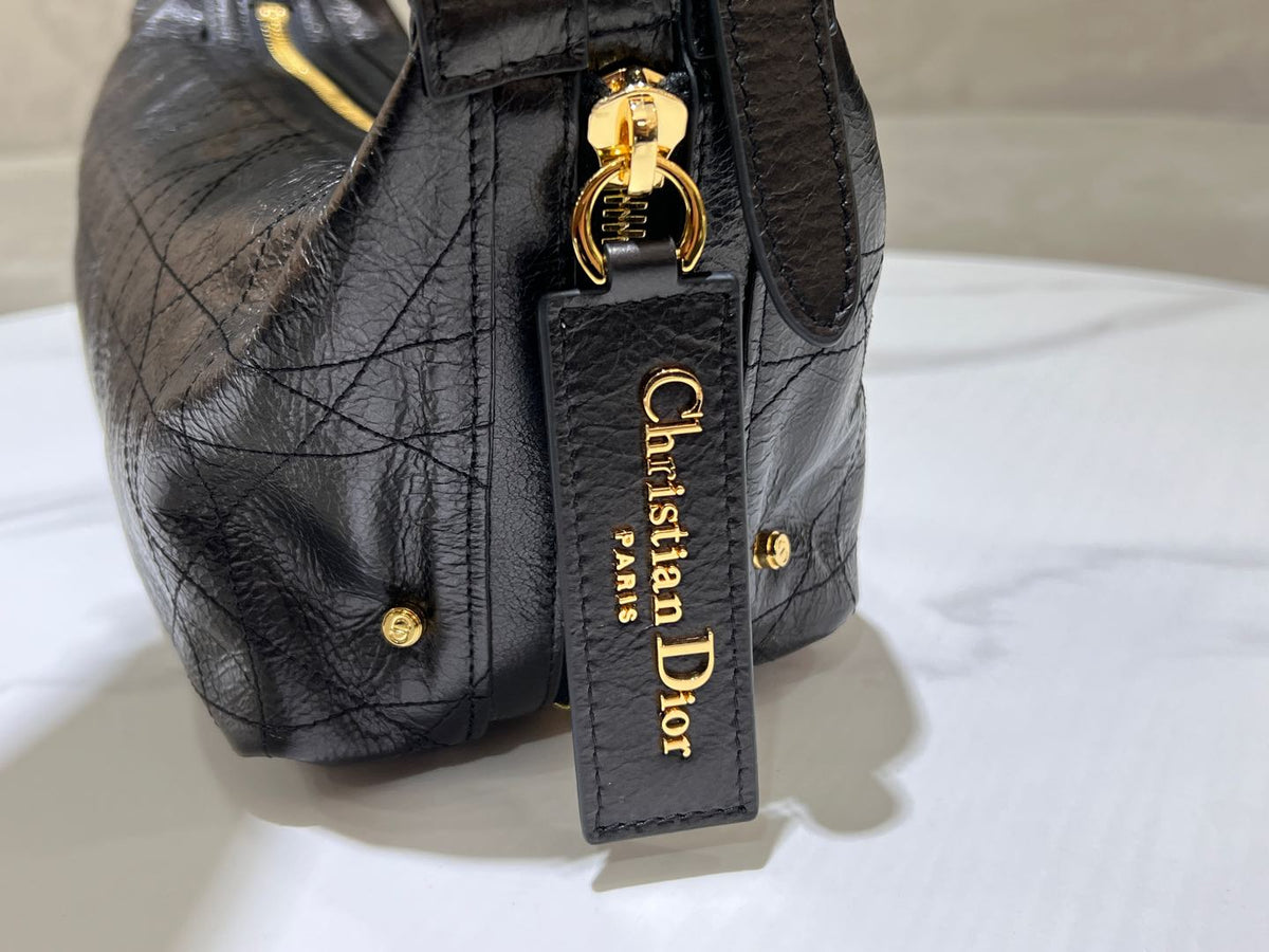 CD Hobo Bag 23 With Chain Black Wrinkled Calfskin