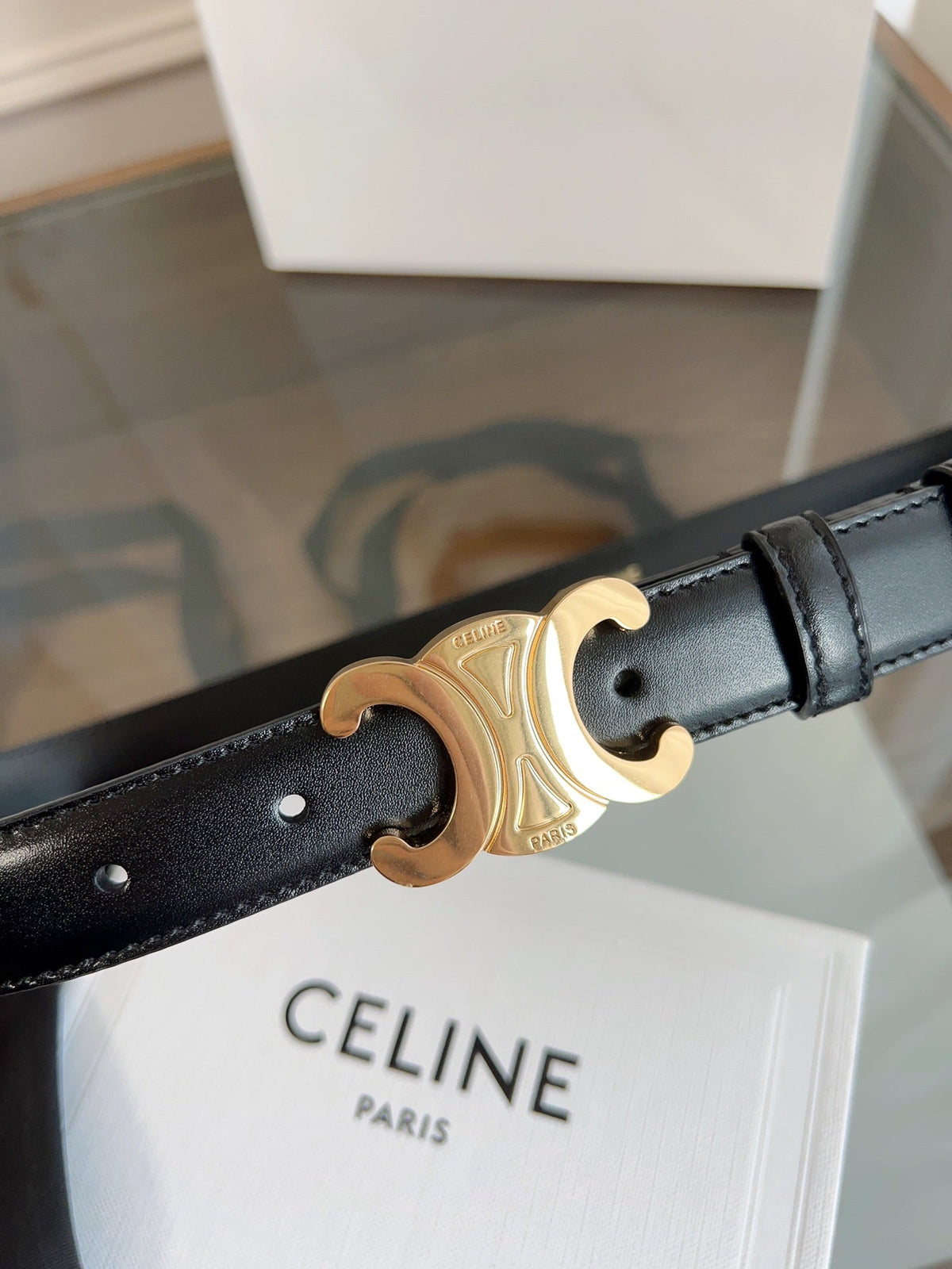 TRIOMPHE BELT 24MM IN GLOSSY BLACK CALFSKIN WITH GOLD BUCKLE