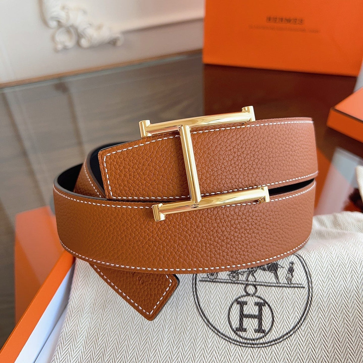 HM H d'Ancre Belt Gold HW Buckle & Reversible Leather Strap Togo Lychee Cowhide