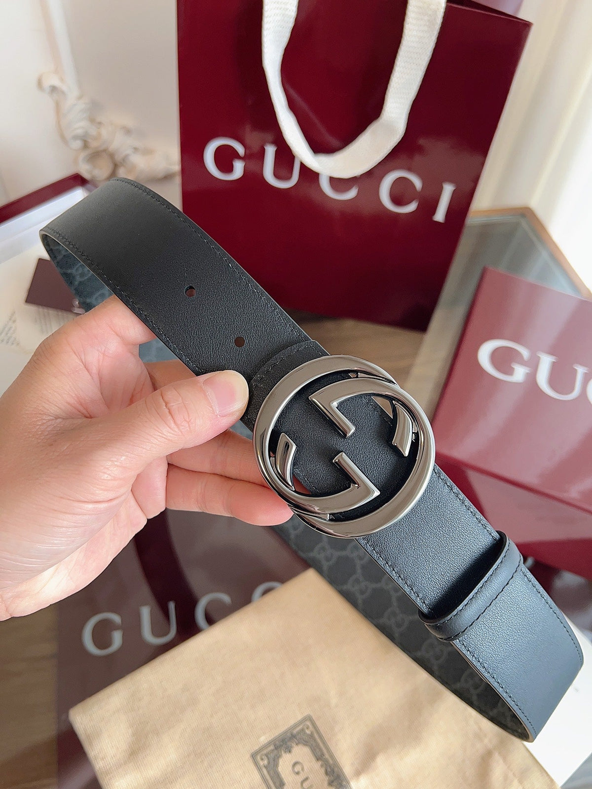Gucci Supreme Belt Blunt Copper Buckle 40mm Slate Gray Leather Canvas