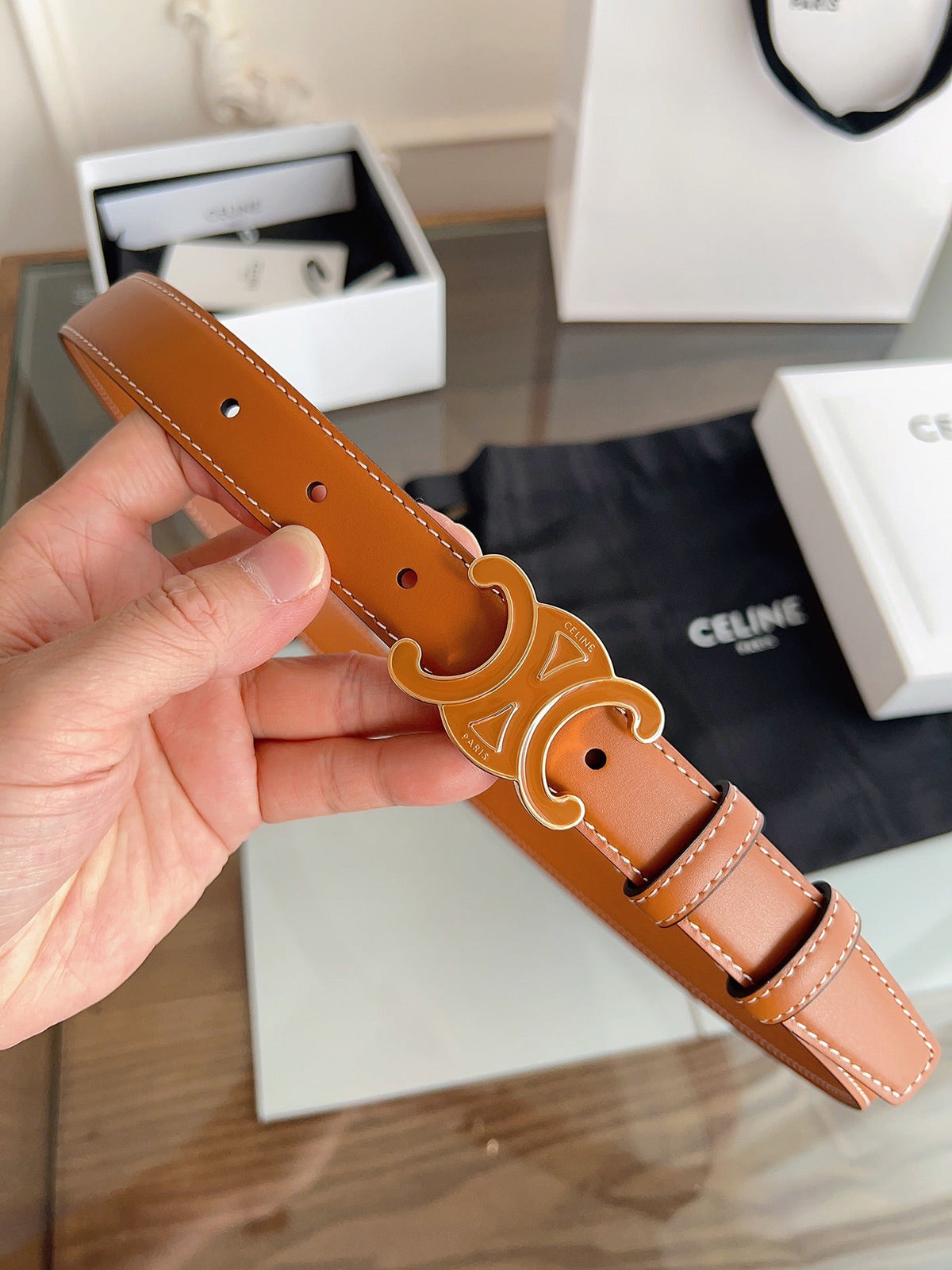 CELINE 26S BELT 25 MM IN BROWN CALFSKIN 669838