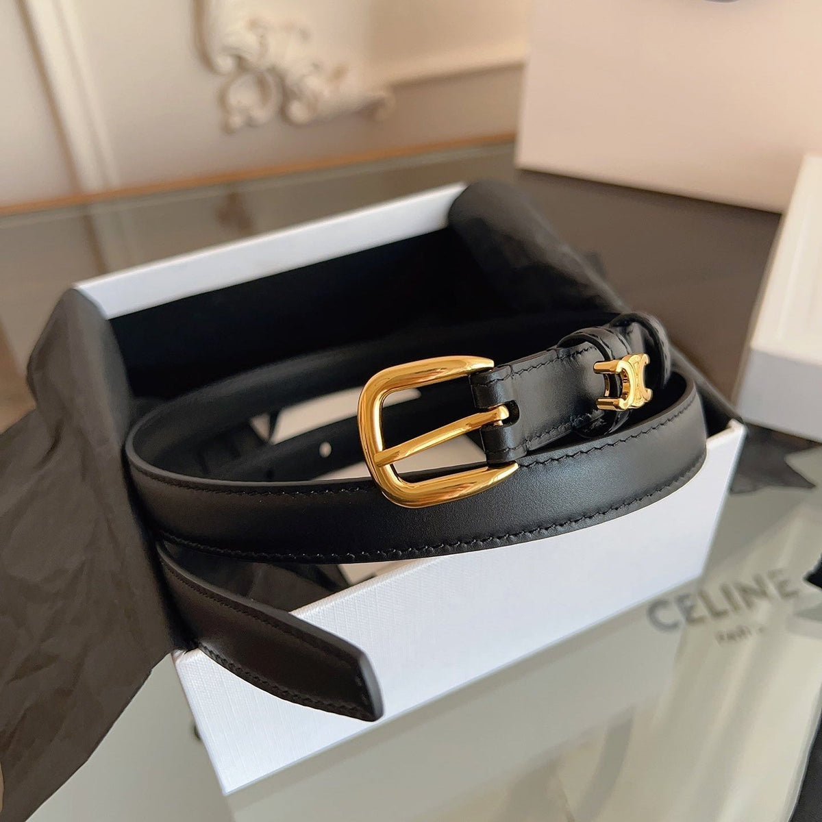 CELINE 26S BELT 18 MM IN BLACK CALFSKIN 658526