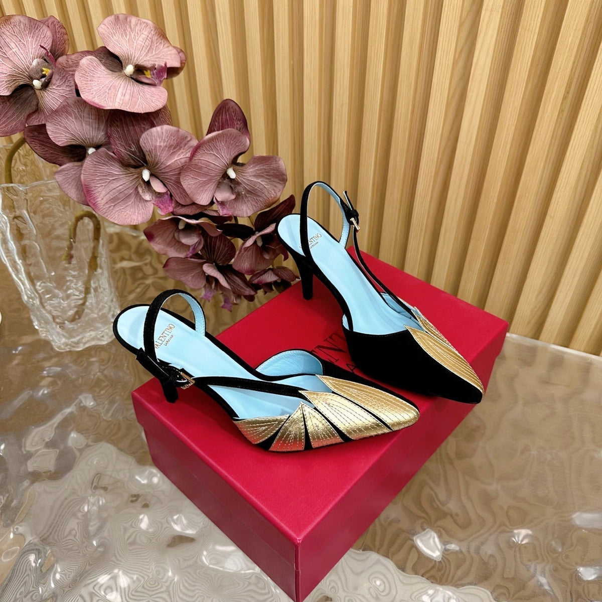 VT 25 Foil foliage Slingback Black Gold Cowhide