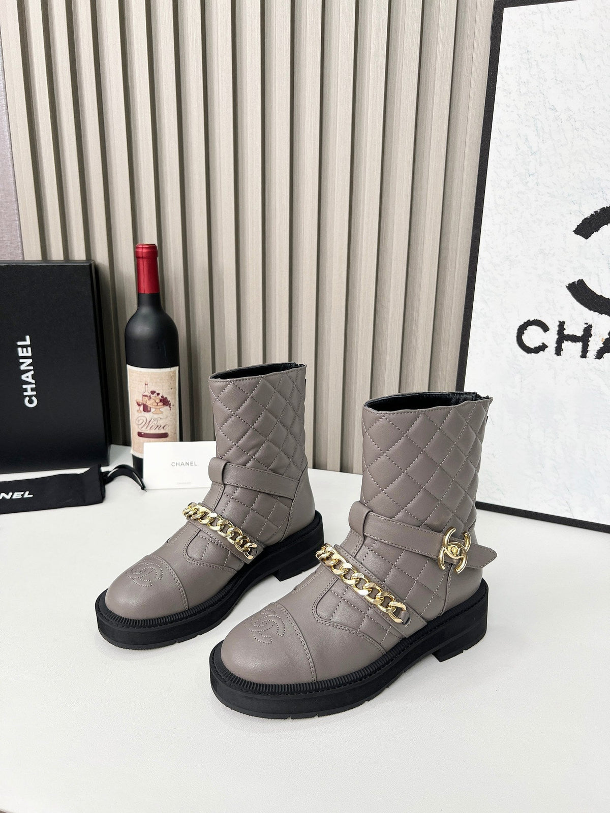 CC 26s Quilted Chain Boots Taupe Calfskin 924502