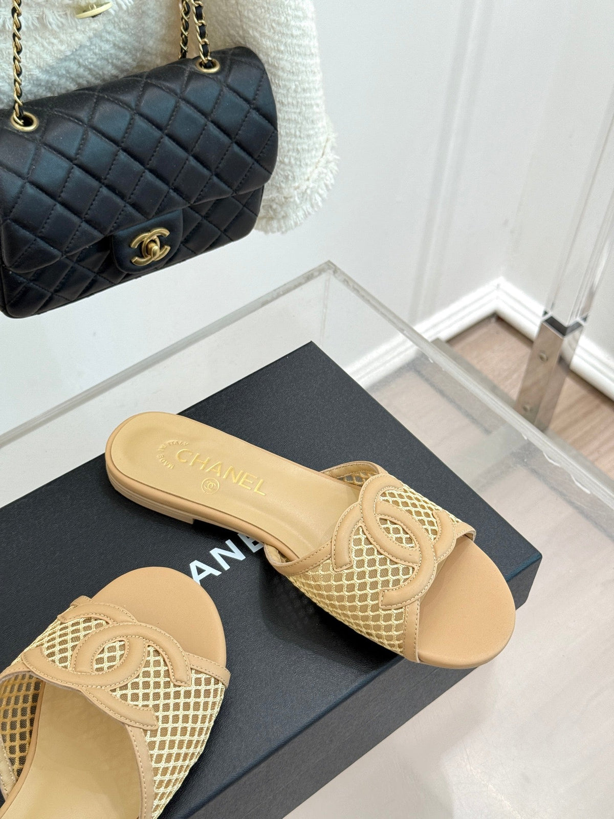 CC Openwork Slippers Beige Mesh Lambskin 825759