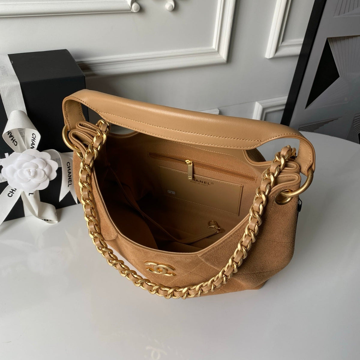 Chanel 2025 Hobo Bag 31cm Tan Suede With Gold Hardware 320287