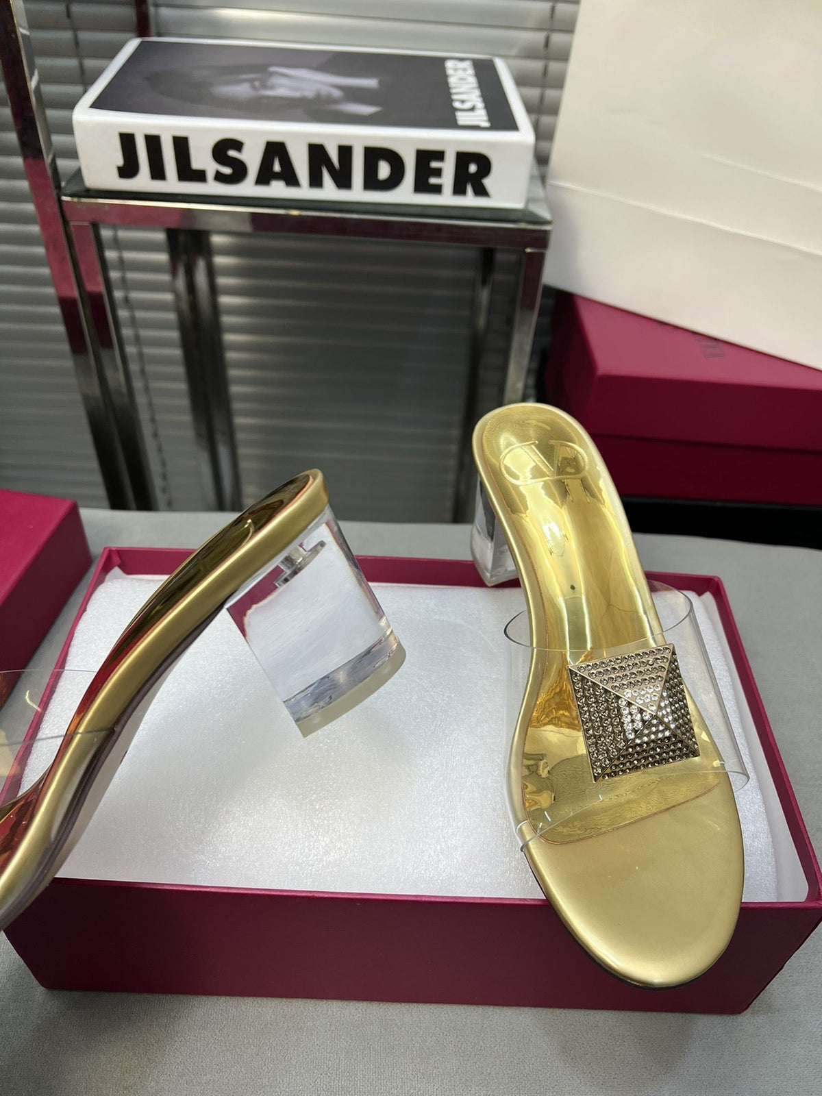 Heeled Sandals 6cm with Crystal Square Buckle Gold