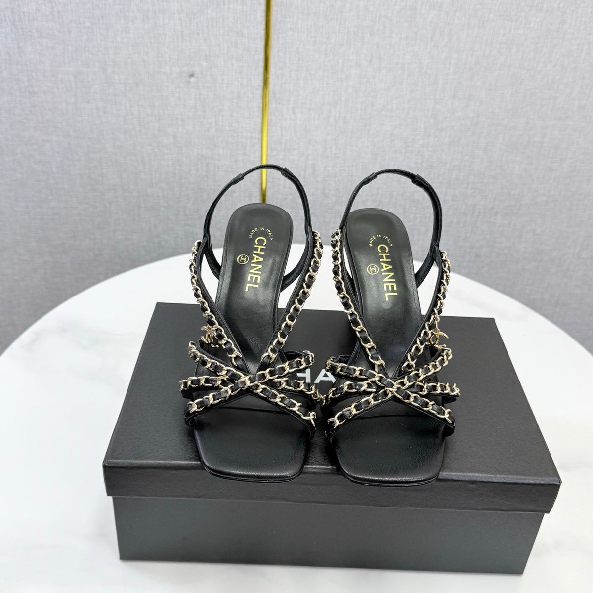 CC 26s Chain Strap High Heels 8cm Black Lambskin