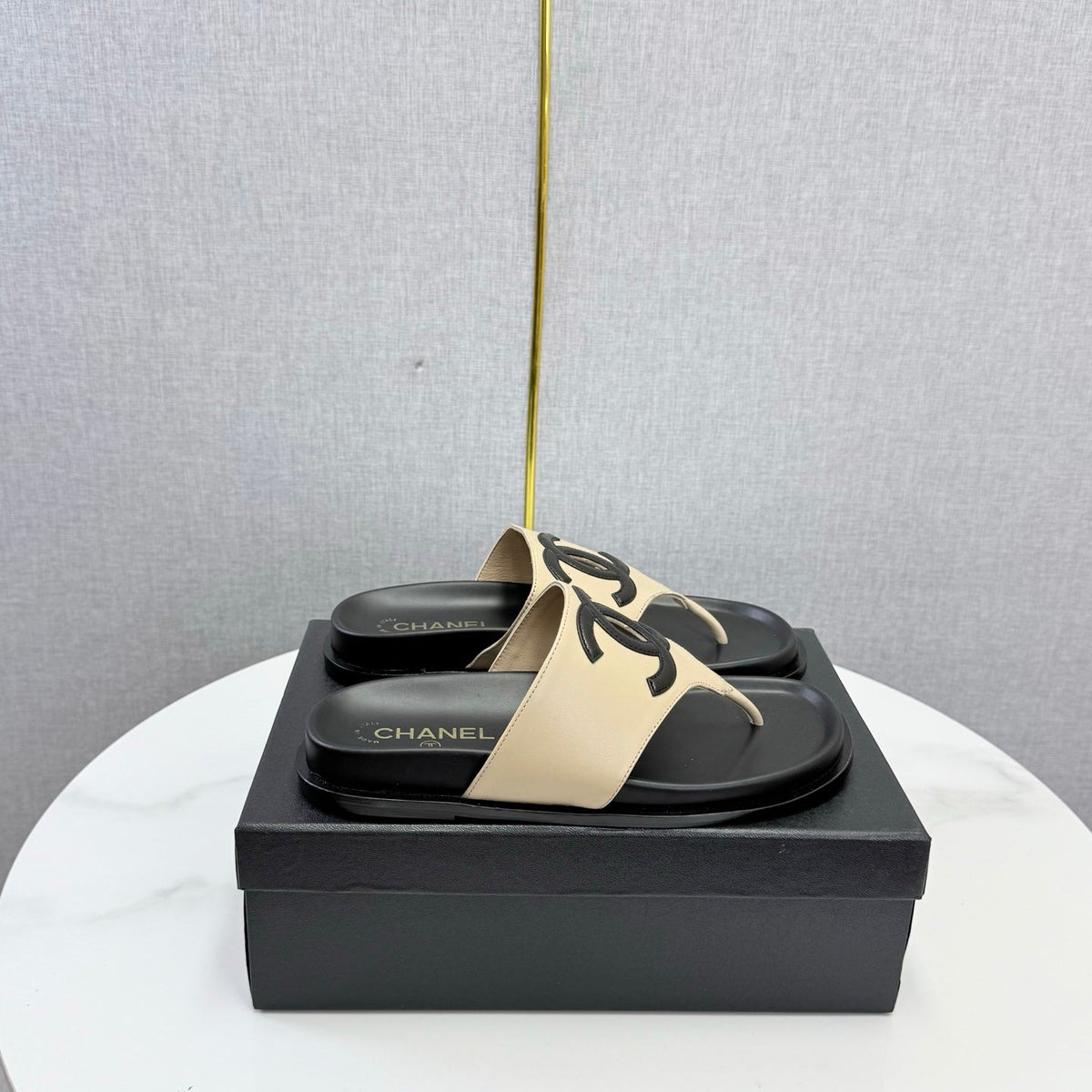Chanel 26s CC Thong Slides Beige Lambskin