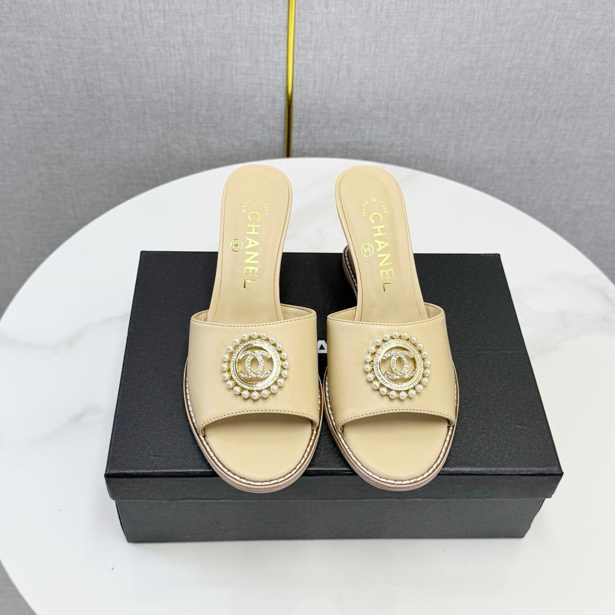 CC 26s Wedge Heels In Beige Lambskin With CC Pearl Embellished