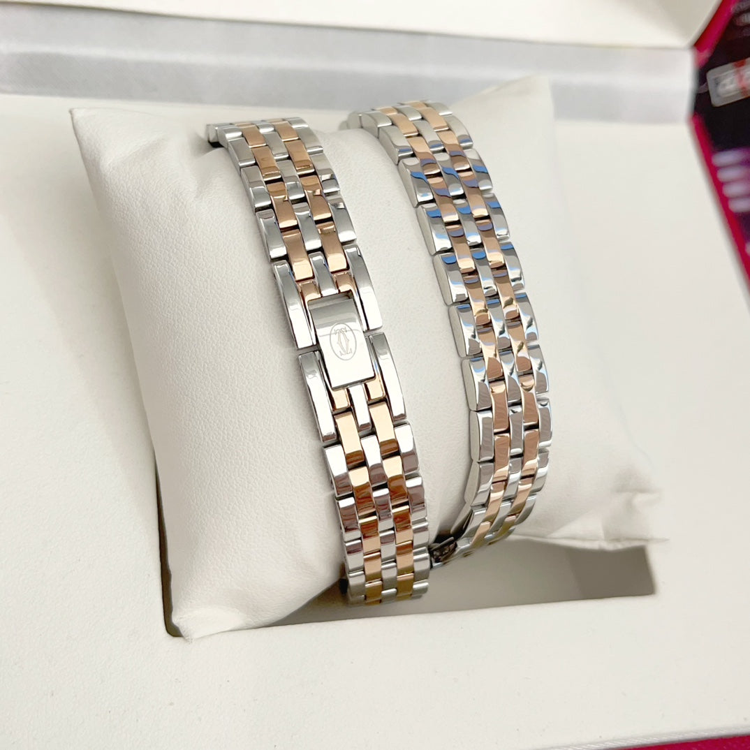 Panthere 22mm Pink Gold Silver Diamond Bezel Double Chain 44cm