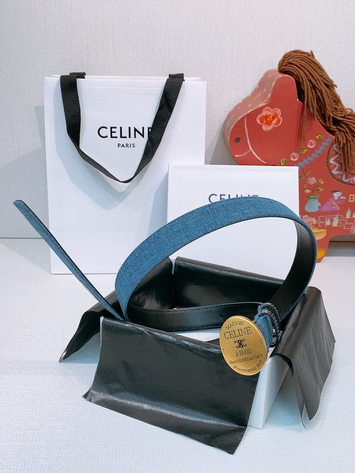 CELINE 26S BELT 25 MM IN BLUE DENIM AND BLACK CALFSKIN 631596