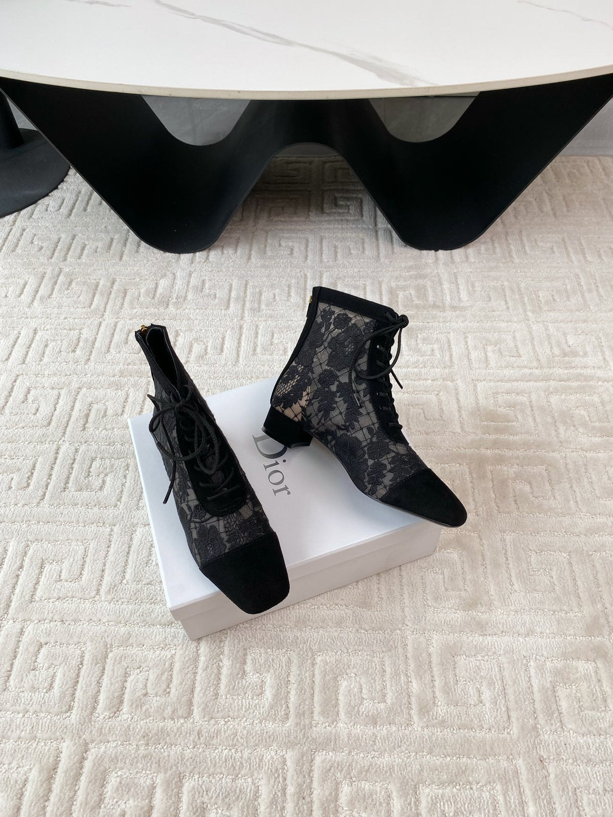 CD Naughtily-D Heeled Ankle Boot Black Transparent Mesh Roses Embroidery And Suede