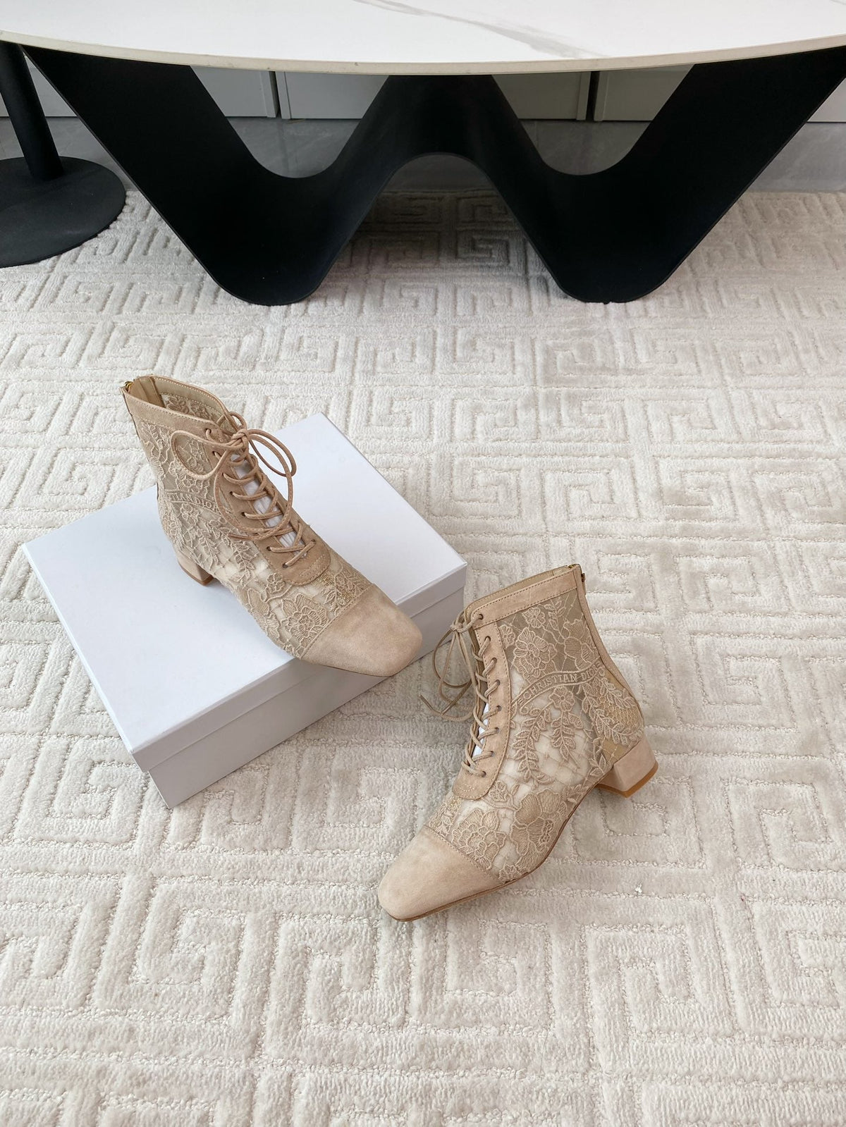 CD Naughtily-D Heeled Ankle Boot Beige Transparent Mesh Roses Embroidery And Suede