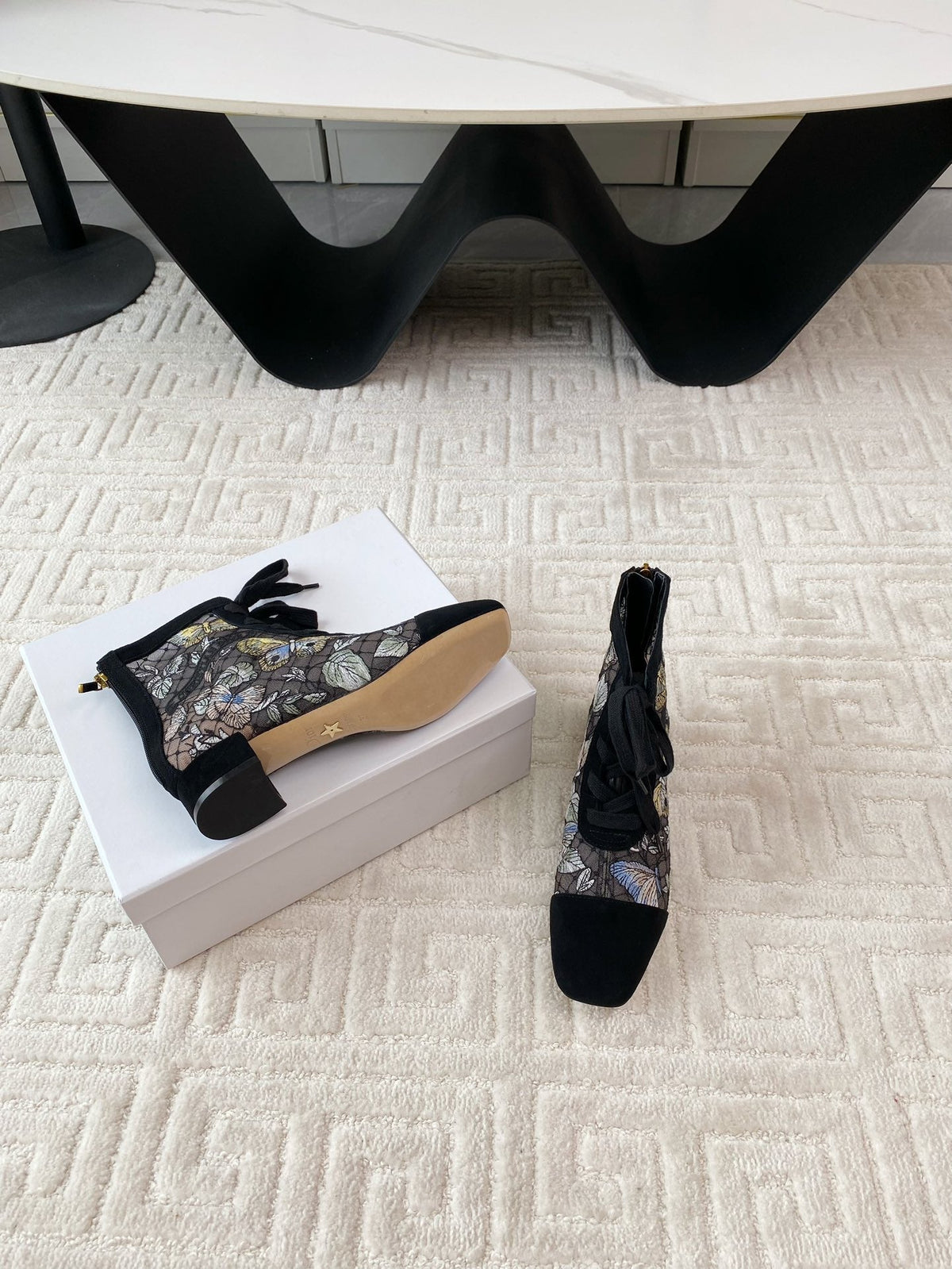 CD Naughtily-D Heeled Ankle Boot Black Mix Yellow Blue Transparent Mesh Butterfly And Suede