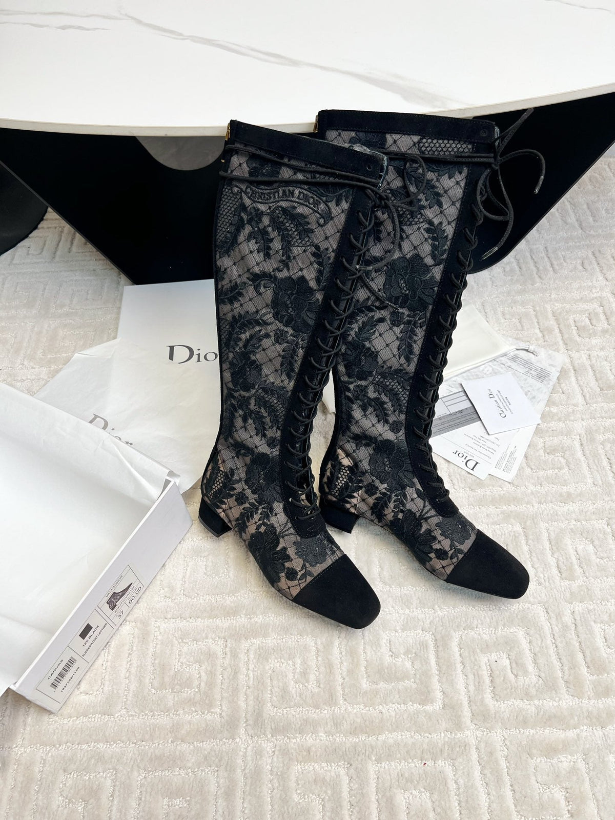CD Naughtily-D Heeled High Boots Black Transparent Mesh Roses Embroidery And Suede