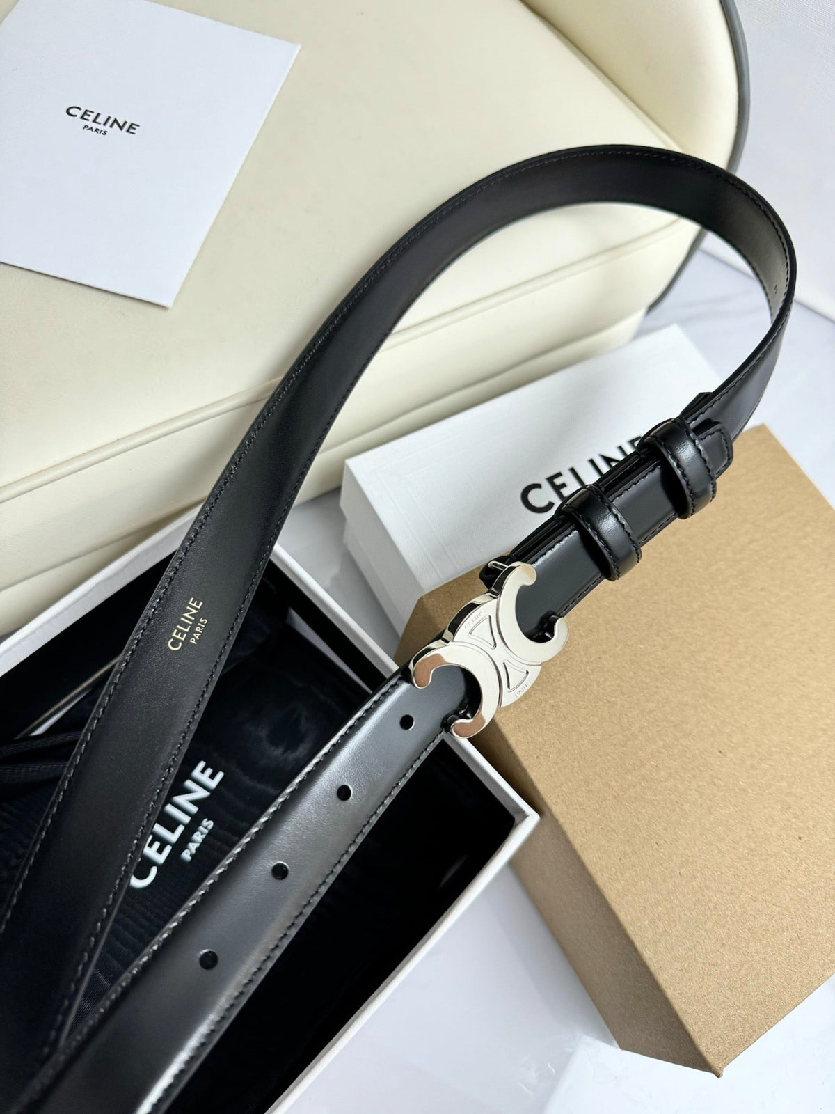 SMALL TRIOMPHE BELT 18 MM BLACK LEATHER SILVER HARDWARE