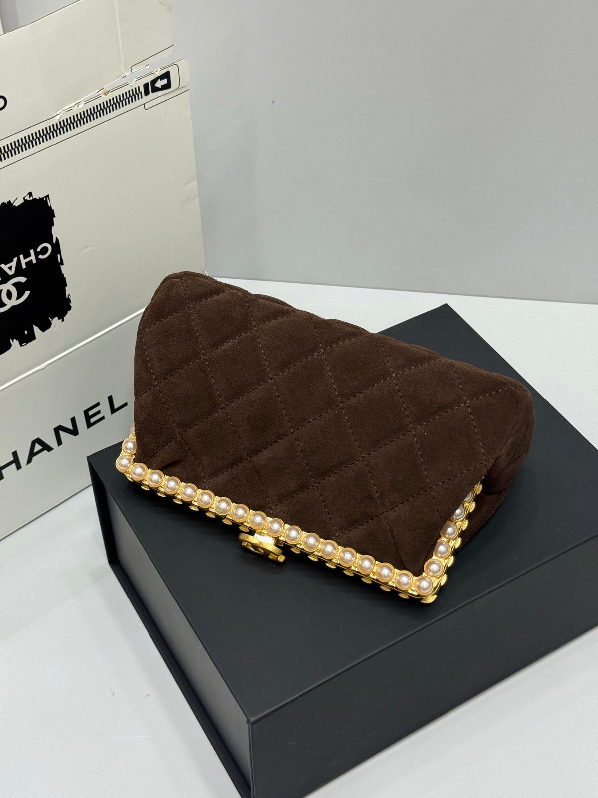 Chanel 2026 Pearl Clutch Brown Gold Velvet Leather