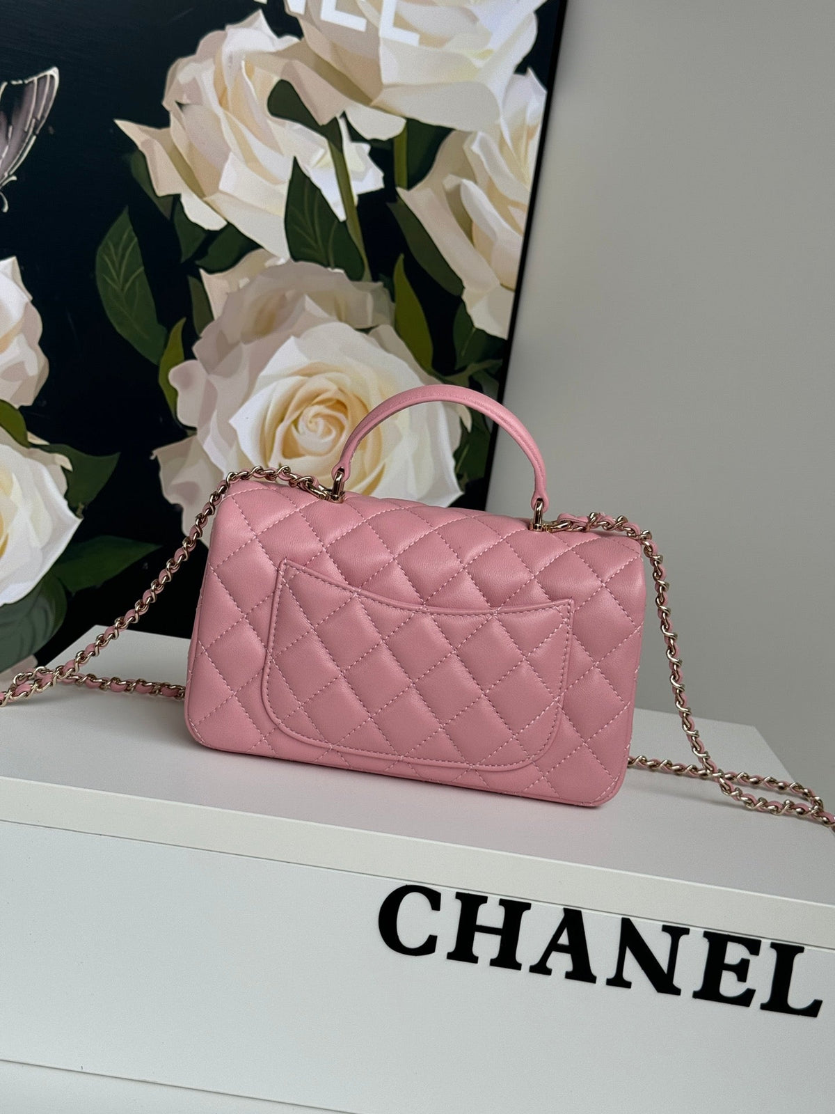24c mini flap bag 20cm with top handle pink calfskin silver hardware