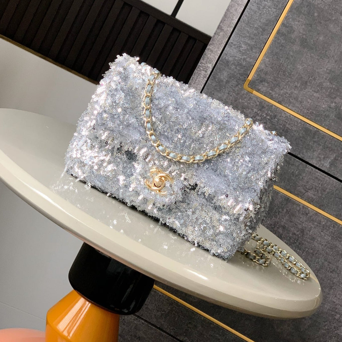 CC 25S Flap Bag 20cm Grey Fringed Sequin Calfskin