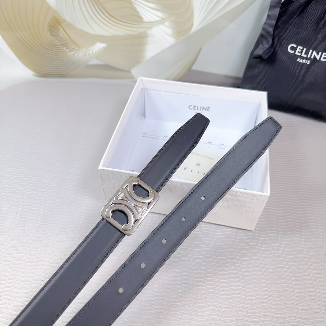 CL MEDIUM 25 MM REVERSIBLE FRAMED TRIOMPHE BELT BLACK CALFSKIN LIGHT SILVER HARDWARE