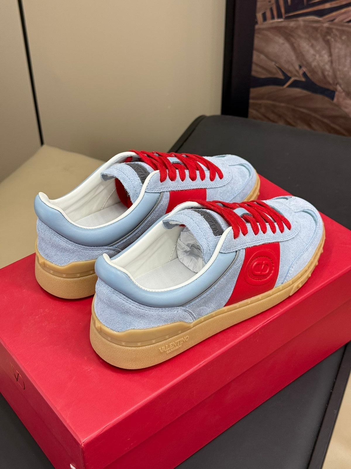 Upvillage Trainer In Light Blue Mix Red Suede With Laminated Calfskin 992731