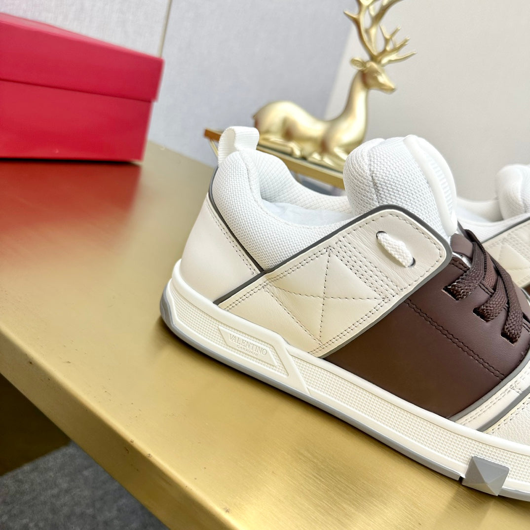 One Stud Sneaker Garavani Calfskin Fabric Brown White