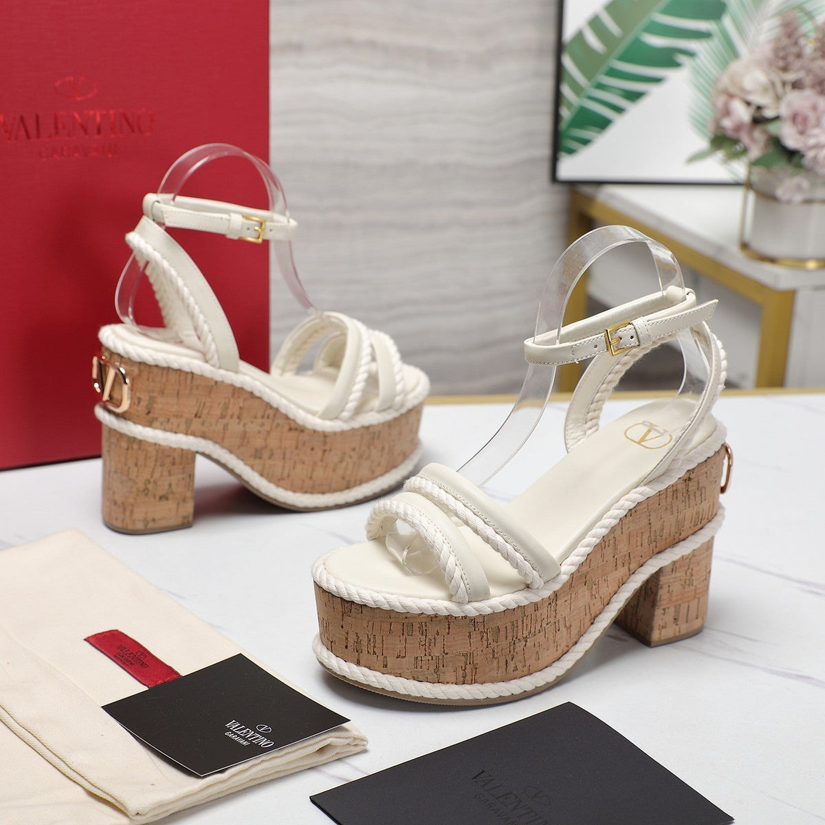 Valentino Garavani VLogo Summerblocks Wedge Sandals 115mm White Mix Brown Cowhide And Nylon Rope 821111