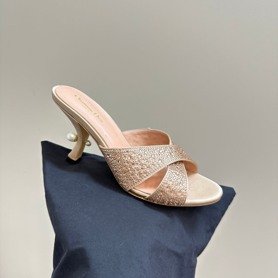 CD Tribales Heeled Slide 80mm Beige Lambskin And Studded With Stones