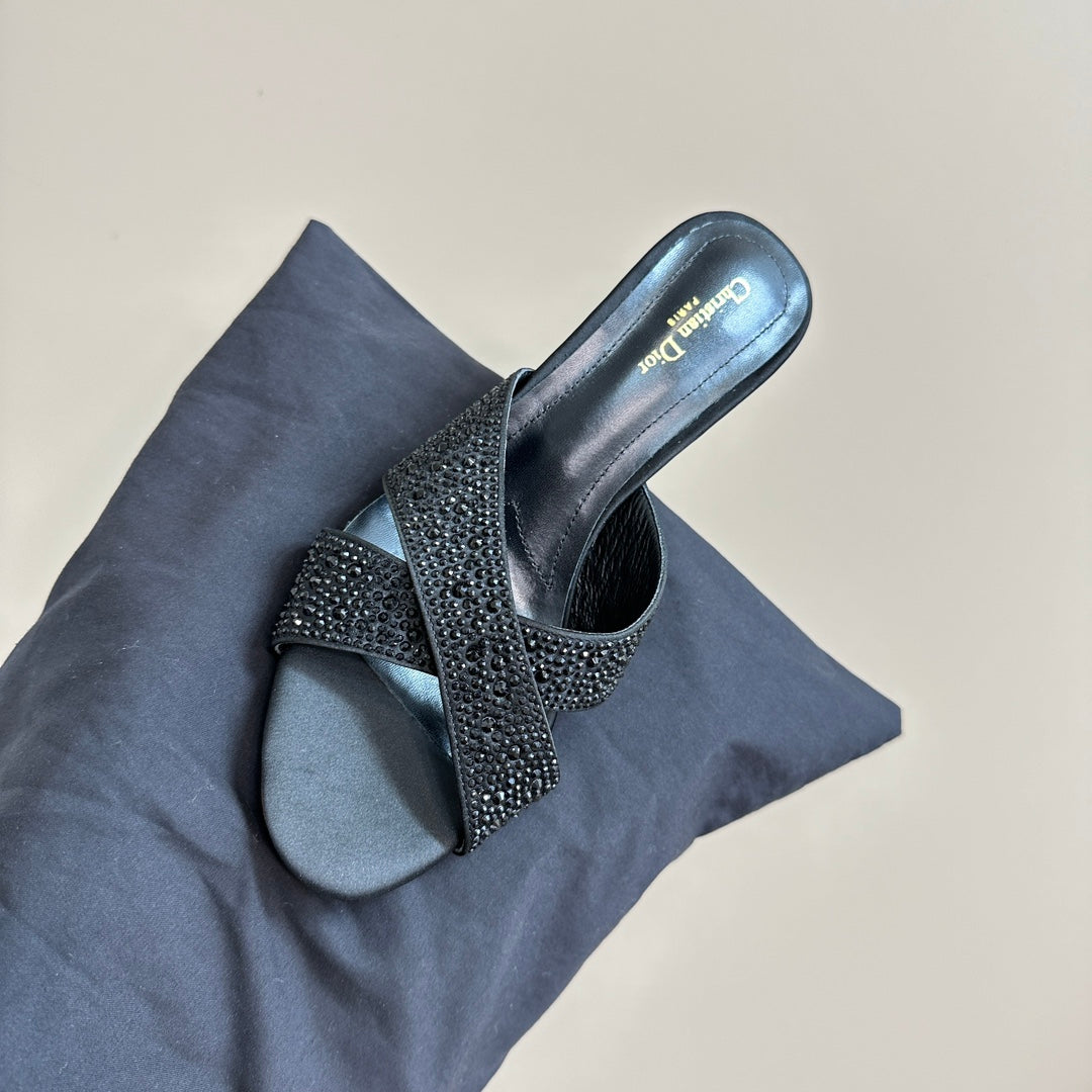 CD Tribales Heeled Slide 80mm Black Lambskin And Studded With Stones